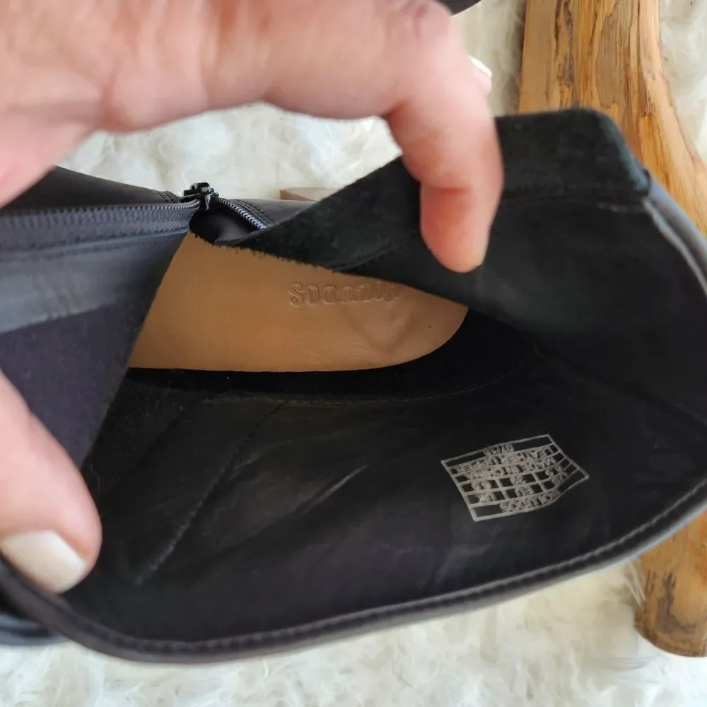 Soludos black leather heeled booties wood finish bottom